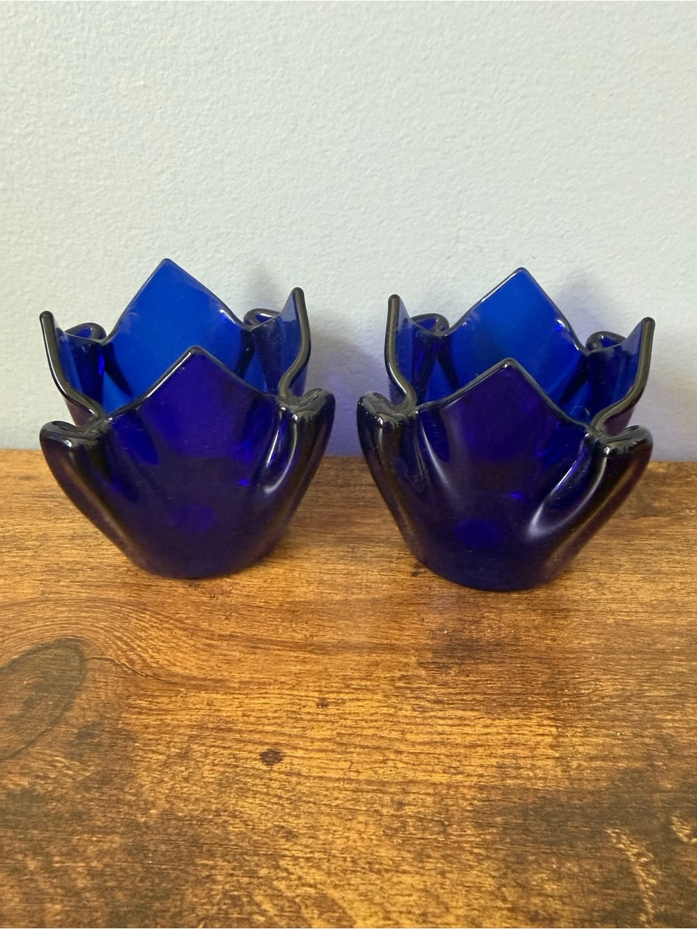 Vintage PartyLite Cobalt Blue Tulip Glass Votive Candle Holders‎ Pair Taiwan